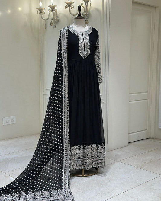 Faux Georgette Fabric & Thread With Sequence Work And Four side lace Border Dress