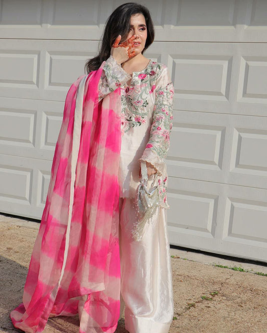 Natural Crepe Silk With Embroidery Siquence Work & Heavy Tissue Silk Digital Print With Less Border Dress