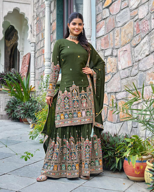 Pure Chinon Silk And Heavy Embroidery Coding Dori-Sequence Work With Elastic With Lace Border Palazzo Dress