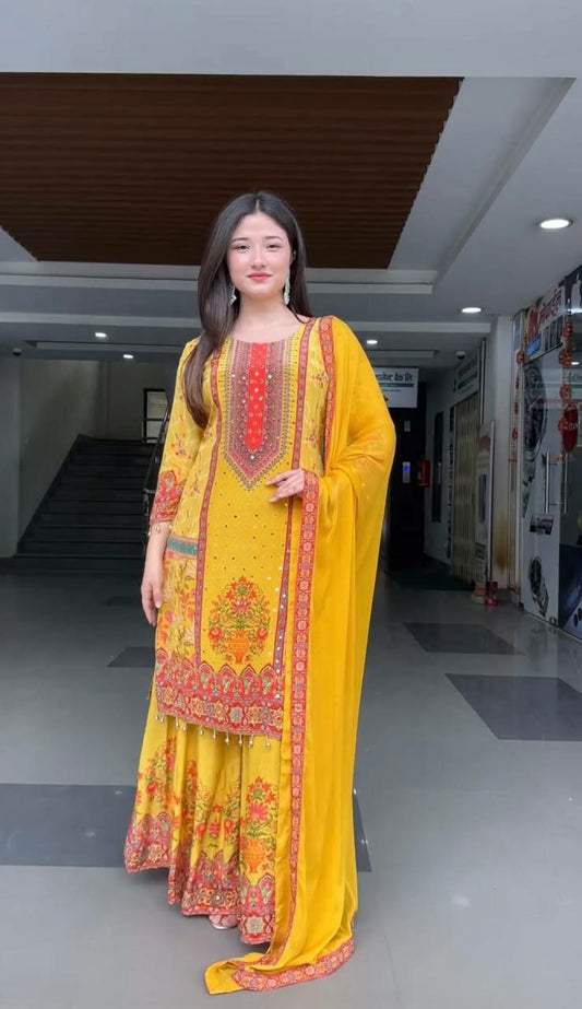 HEAVY NATURAL SILK AND FANCY DIGITAL PRINT WITH REAL MIRROR HAND WORK AND FANCY LESS PALAZZO DRESS