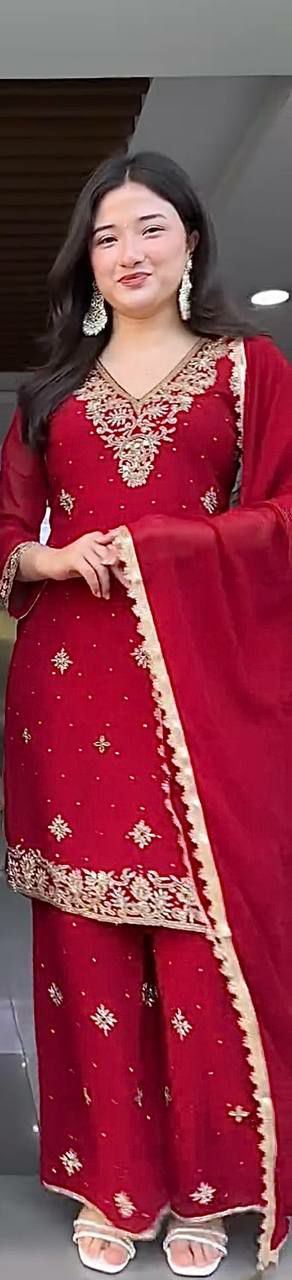 HEAVY FAUX GEORGETTE AND ATTRACTIVE & BEUTYFUL EMBROIDERY SEQUENCE WORK AND RIVETED MOTI WORK PALAZZO KURTI