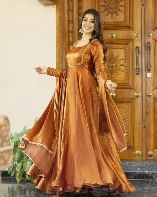 Fendi Silk And Micro Inner With Thread & Sequence Work And Four Side Lace Border Work Dupatta Type Gown