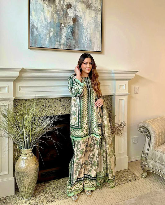 Pure Natural Crepe And Digital Print With Sleeves With Elastic Palazzo Dress