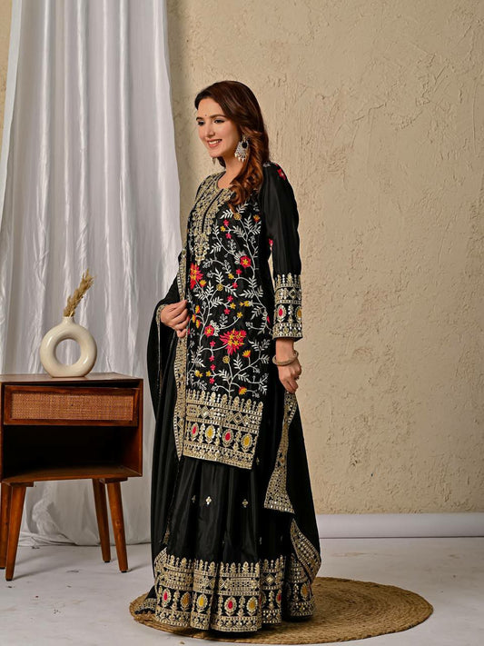 Heavy Chinon Silk And Material With Sequence Embroidery Work With Fancy Lees Sharara Palazzo Dress