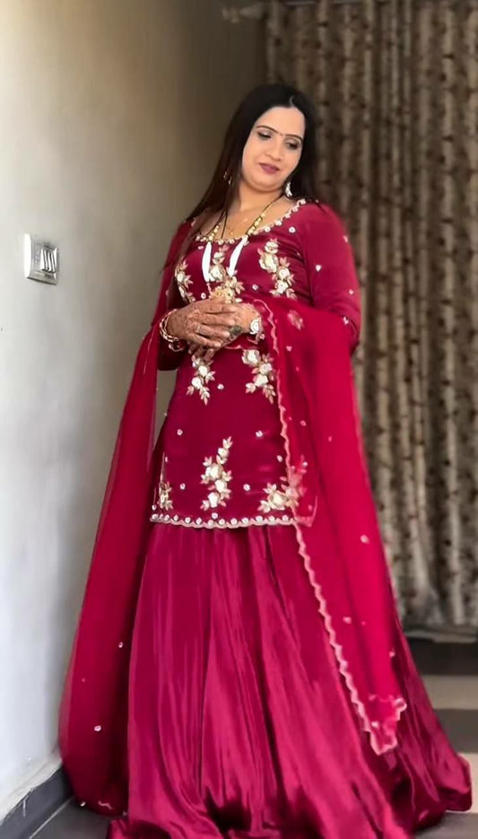 Natural Crepe Silk With Sequence Multi Needle Embroidery Work And Zari Work Top & Lehenga