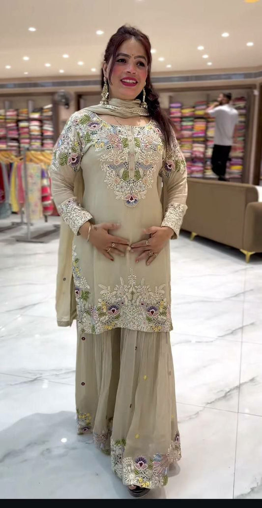 Natural Crepe Material With Embroidery Thread Work And Fancy Less Work Dupatta Type Sharara Palazzo Dress