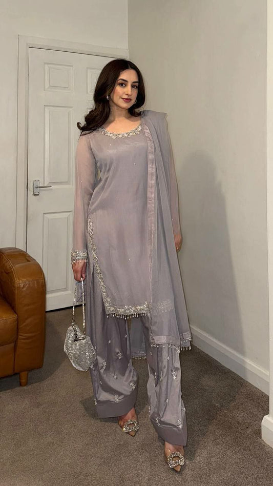 Faux Georgette With Embroidery Work And Beads Work With Elastic Farshi Palazzo Dress