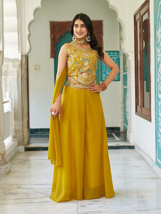 Star Georgette And Cording Sequence & Thread Embroidery Work With Latkan Lace Work Palazzo Dress