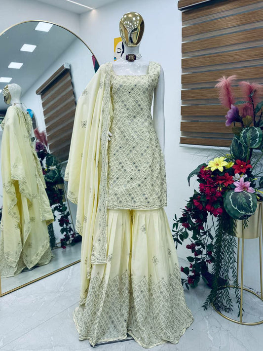 Natural Crape With Embroidery Sequence Work And Square Neck Type Palazzo Dress