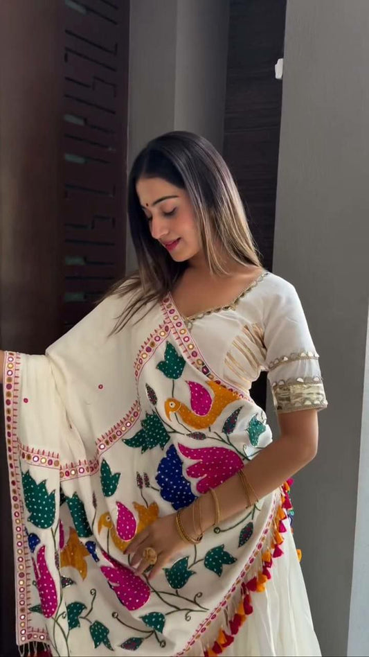 COTTON WITH EMBROIDERY WITH REAL MIRROR WORK & HEAVY GOTTA SATIN LACE LAHENGA CHOLI