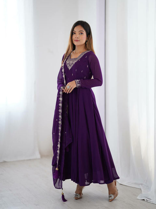 HEAVY PURE SOFT FOX GEORGETTE WITH FANCY EMBROIDERY BEADS AND JARI WORK ANARKALI GOWN