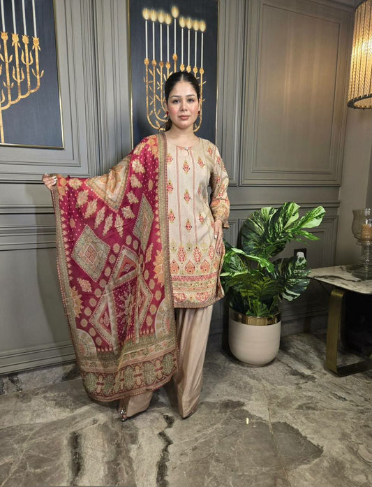 FRENCH CREAPE WITH PRINTED WORK AND REAL MIRROR WORK TYPE SALWAAR SUIT