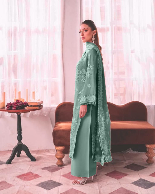 HEAVY FAUX GEORGETTE AND BEAUTIFUL EMBROIDERY SEQUENCE WORK WITH RIVETED MOTI WORK PALAZZO KURTI