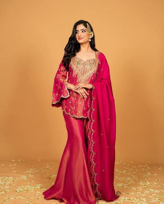 Heavy Simar Silk With Heavy Micro Cotton And Embroidery Sequence Work With Elastic Palazzo Dress