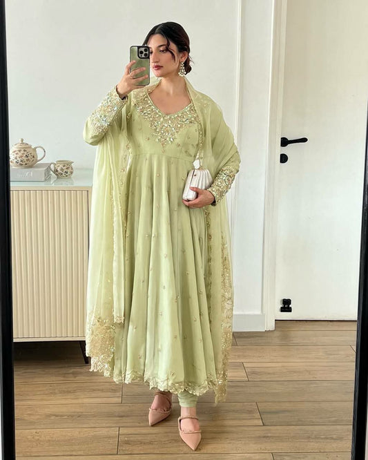 Heavy Georgette With Full Heavy Embroidery Rambo Sequence Work With Moti Work Bottom Gown