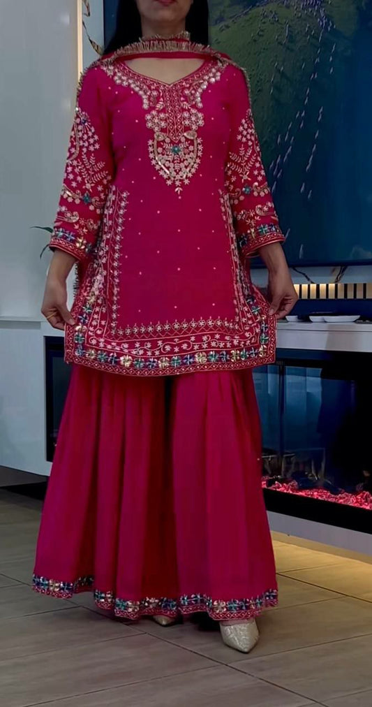 Heavy Chinon & Heavy Embroidery Sequence Work With Latkan Dori And Fancy Borders Work Sharara Palazzo Dress