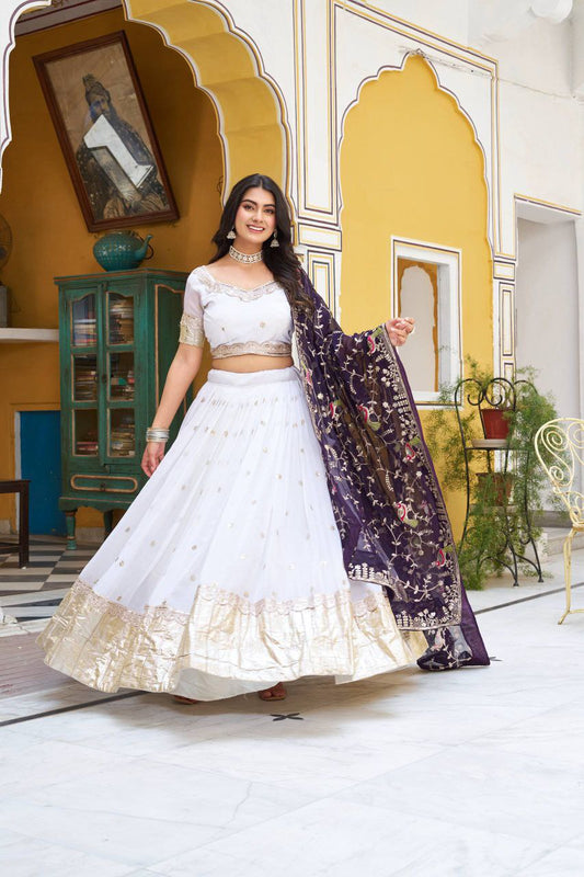 Pure Crunchi With Heavy Embroidery Cording Sequence Work With Lampi Lace Lehenga Choli