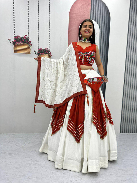 Riyon Cotton With Gamathi Work And Real Mirror Work With Sequence Work Dupatta & Canvas Patta Lehenga Choli