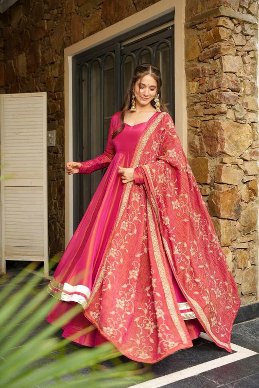 Roman Simmer Silk And Embroidery Sequence Work With Lace Border With Elastic Palazzo Gown