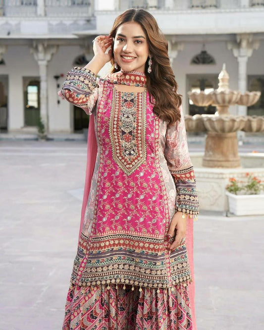 HEAVY FAUX GEORGETTE AND DIGITAL PRINT WITH REAL MIRROR HAND WORK AND SHIKA LESS & DIGITAL PRINT LESS BORDER TOP & PALAZZO