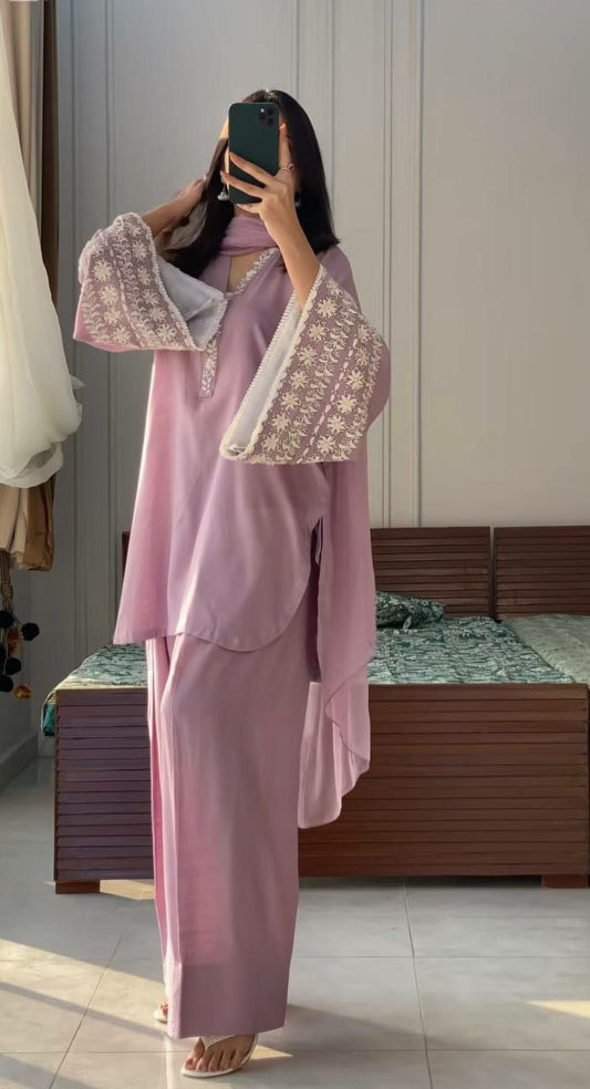 Natural Satin With Embroidery Work And Elastic With Can-Vas Patto With Lace Border Palazzo Dress