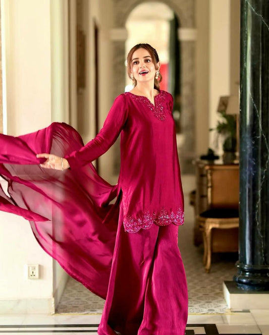 Pure Natural Crepe Silk With Heavy Micro Cotton And Embroidery Sequence Work With Elastic Farshi Palazzo Dress