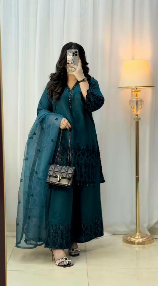 Vichitra Silk With Heavy Micro Cotton And Embroidery Sequence Work With Full Sleeve With Elastic Palazzo Dress