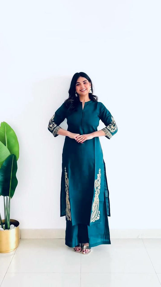 HEAVY ROMAN SILK WITH MICRO COTTON AND EMBROIDRY WORK FRONT AND BACK BOTH SIDE SAME WORK TOP & PALAZZO KURTI