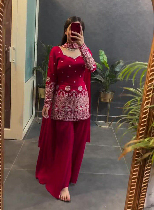 Vichitra Silk With Micro Inner And Coding Sequence Embroidery Work With Elastic Sharara Dress