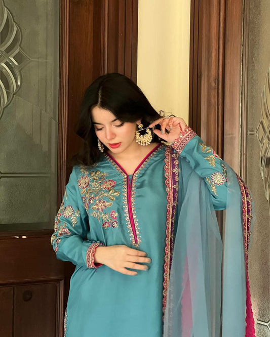 Natural Crap With Embroidery Siquence Work And Soft Net Dupatta Type Palazzo Dress