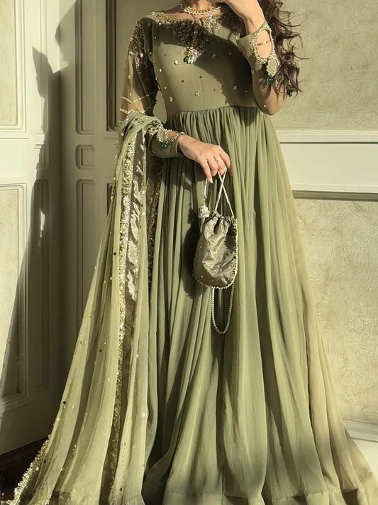 Pure Faux Georgette With Embroidery Sequence Work With Sleeves Type Bottom Gown