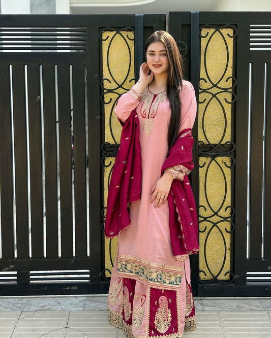 Pure Heavy Chinon Silk With Heavy Micro Cotton And Heavy Embroidery Siquence Work Sharara Dress