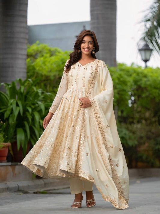 Heavy Pure Chinon Silk And Sequence Embroidery Work With Four Side Fancy Lace Cut Work Bordar Anarkali Dress