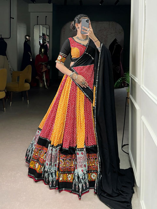 Pure Rayon With Bandhej Print And Ajarakh With Paper Mirror And Gamthi Work With Lace Touch Up Lehenga Choli