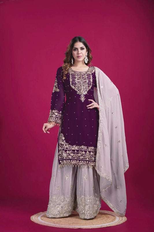 Heavy Faux Georgette And Embroidery Coding Dori-Sequence Work With Rivet Moti Work And Lace Border Palazzo Dress