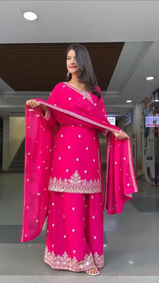 Faux Georgette With Micro Inner And Thread With Sequence With Four Side Lace Border Type Palazzo Dress