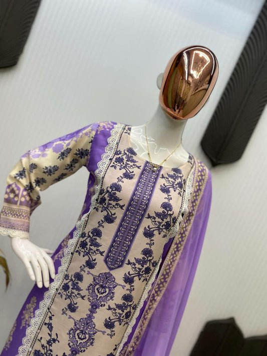 MASLIN WITH REAL MIRROR AND DIAMOND WORK AND LATKAN LACE ON BOTTOM SIDES WITH PRINTED LACE DUPATTA TYPE DRESS