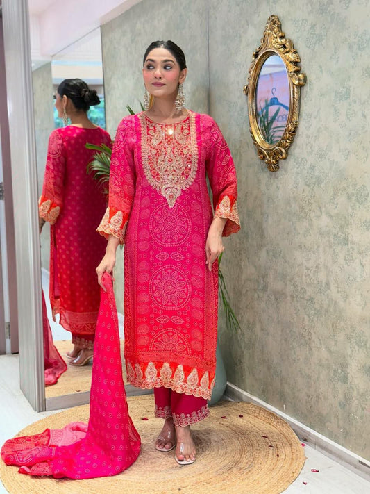 Pure Natural Crepe And Heavy Embroidery Coding Dori-Sequence Work With Beautiful Digital Print And Real Mirror Work With Elastic Palazzo Dress