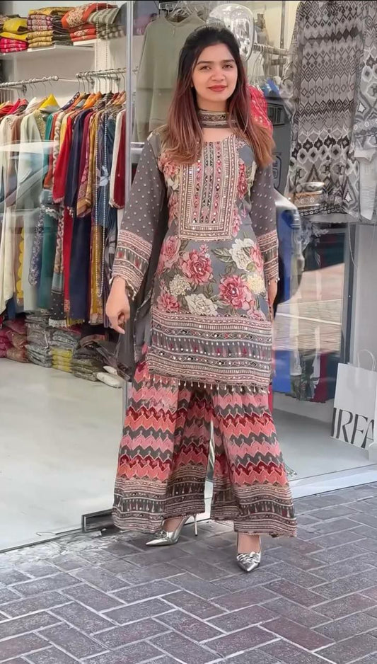 HEAVY FUAX GEORGETTE & DIGITAL PRINT LESS BODER WITH REAL MIRROR HAND WORK PALAZZO DRESS