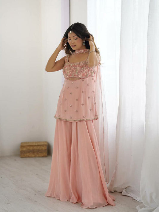 GEORGETTE WITH SEQUENCE EMBROIDERY WORK AND SILVER LATKAN LACE WITH BUTTERFLY NET DUPATTA TYPE PALAZZO DRESS