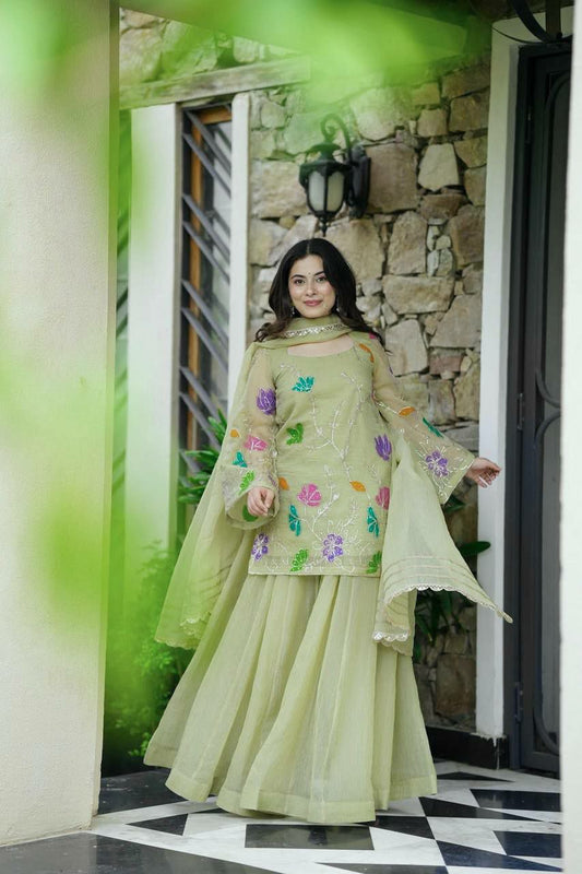 Heavy Star Georgette With Micro Cotton And Heavy Embroidery Sequins & Codding With Multi Colours Floral Work Sharara Dress