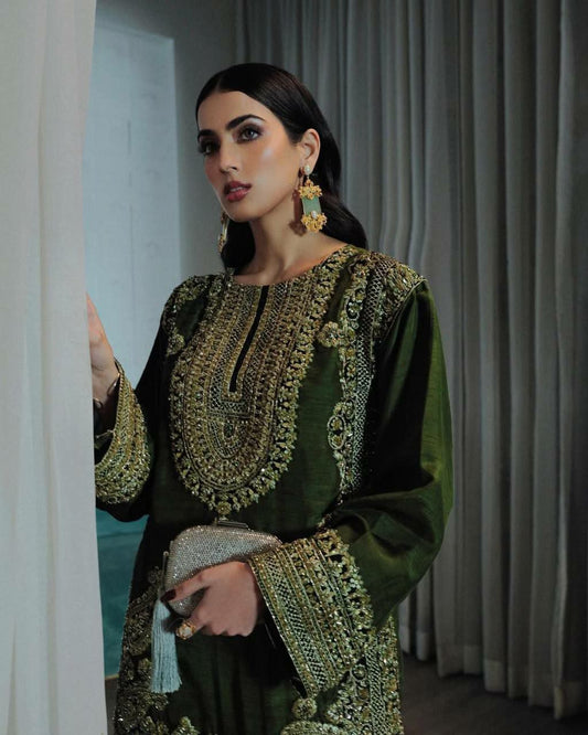 HEAVY CHINON WITH EMBROIDERY SEQUENCES WORK BEL SLEEVES AND LESS BODER TOP & PALAZZO DRESS