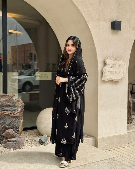Heavy Faux Georgette And Heavy Embroidery Sequence Work With Fancy Bell Sleeve With Elastic Palazzo Dress