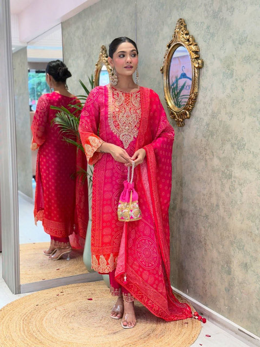 HAVY CHINON SILK WITH HAVY EMBROIDERY WORK AND DIGITAL PRINT WORK WITH ELASTIC BOTTAM DRESS