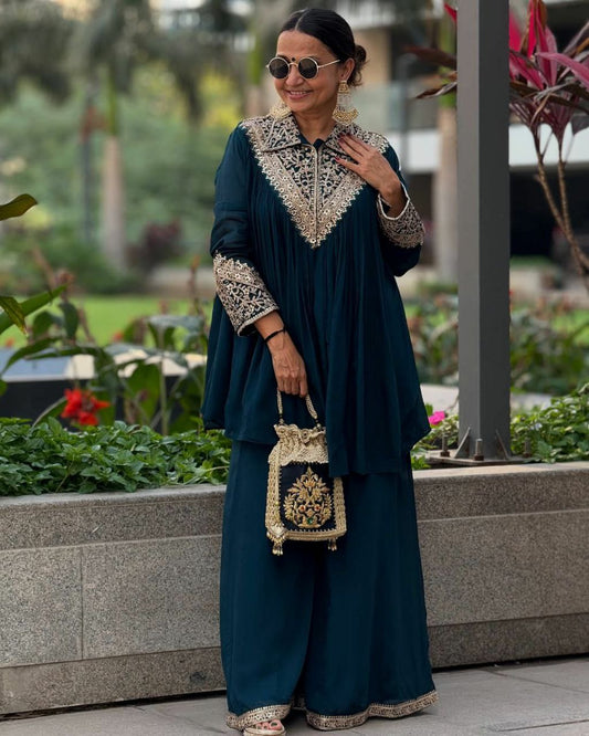 Heavy Chinon With Embroidery Sequence Work Type Palazzo Suit