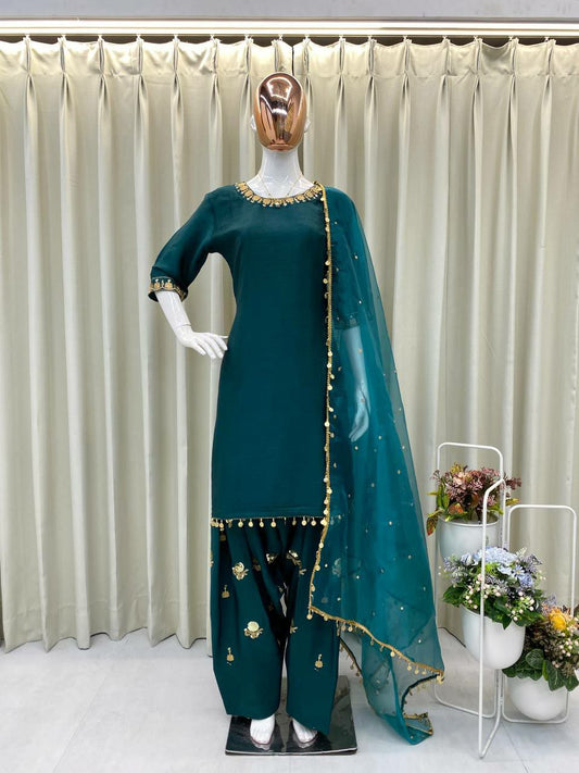 CHINON WITH SEQUENCE EMBROIDERY WORK AND GOLDEN COIN LACE WORK SHARARA DRESS