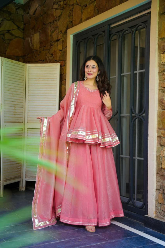 Tabby Organza With Heavy Micro Cotton + Full Flair And Design Lace Border Type Sharara Palazzo Dress