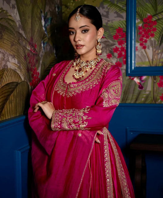 Roman Silk And Simmer Silk With Embroidery Siquence and Moti Work Dress