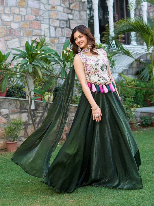 Pure Simar Tissue Silk With Heavy Embroidery Sequence & Thread Work With Attached Canvas And Cancan With Dori Type Lehenga Choli
