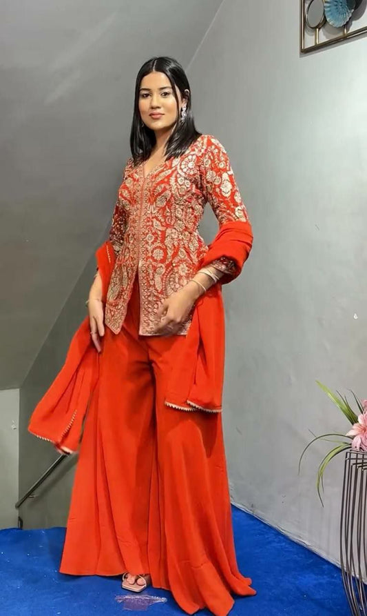 Heavy Faux Georgette And Heavy Embroidery Sequence Work With Elastic And Four Side Readymade Lace Border Top & Palazzo Dress